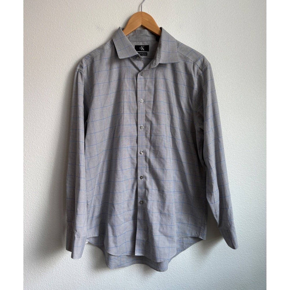 Calvin Klein Mens Slim Fit Non Iron Grey Blue Micro Check Button Down Shirt L